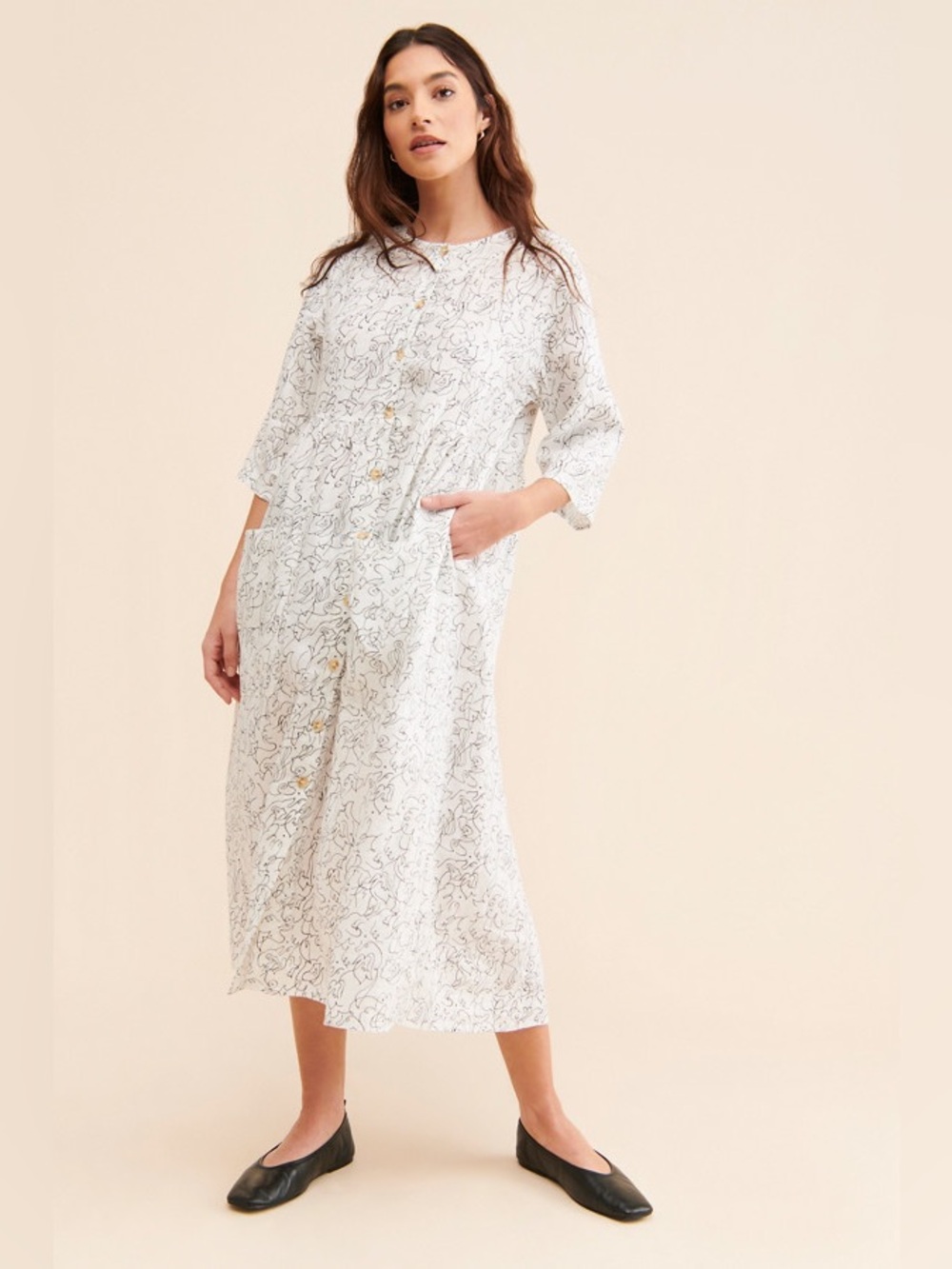 L.F. Markey Sammy Squiggle Print Midi Dress US 2 Black White 100% Linen